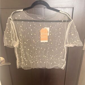 Buckle Sheer Pearl-Embellished Short Sleeve Top - Cream